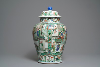 A pair of large Chinese famille verte vases and covers, Kangxi