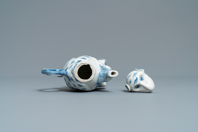 A rare Chinese blue and white monkey-shaped ewer and cover, 19th C.