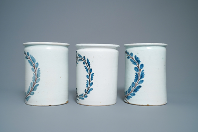 A set of six blue, white and manganese albarello-type drug jars, Nevers, France, 18th C.