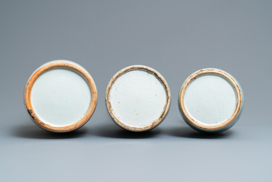 Three Chinese blue and white and celadon-ground 'Buddhist lion' vases, 19th C.