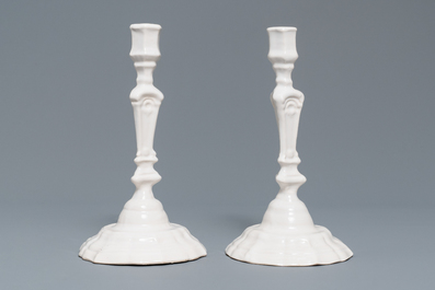 A set of six white Delftware candlesticks, France, 18th C.