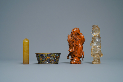 A varied selection of Chinese porcelain, bronze, wood and hardstone, 19/20th C.