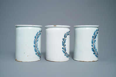 A set of six blue, white and manganese albarello-type drug jars, Nevers, France, 18th C.