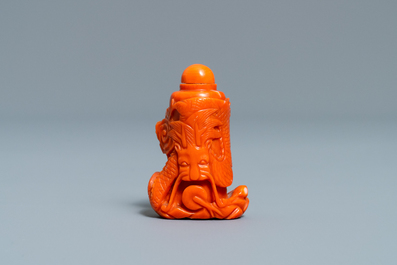 A Chinese carved red coral snuff bottle with a dragon, Republic