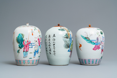 Three Chinese famille rose and qianjiang cai jars, 19/20th C.