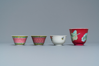 Four Chinese famille rose cups and saucers, Yongzheng/Qianlong