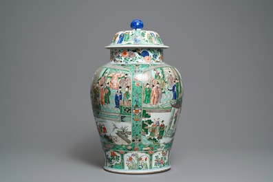 A pair of large Chinese famille verte vases and covers, Kangxi