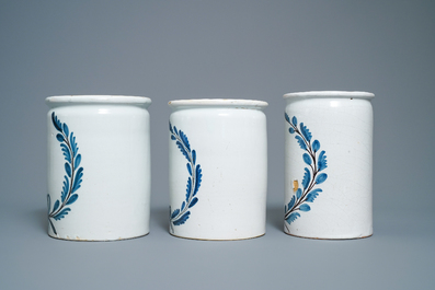 A set of six blue, white and manganese albarello-type drug jars, Nevers, France, 18th C.