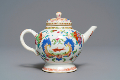 A Chinese famille rose 'Pompadour' teapot and cover, Qianlong