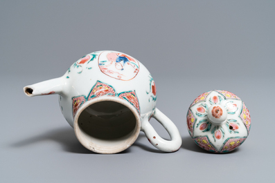 A Chinese famille rose teapot, six saucers and three cups, Yongzheng/Qianlong