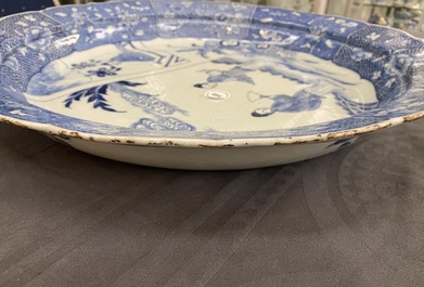 A large Chinese blue and white 'Romance of the Western chamber' dish, Qianlong