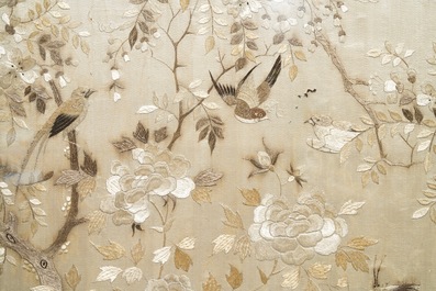 A Chinese mother-of-pearl-inlaid wooden screen with silk embroidery, 19th C.