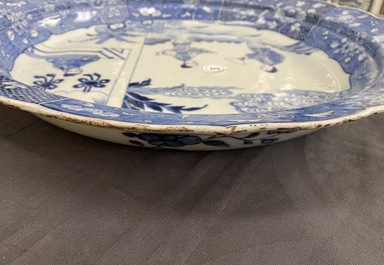 A large Chinese blue and white 'Romance of the Western chamber' dish, Qianlong