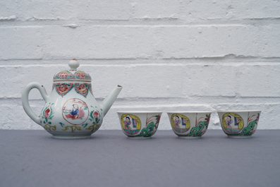 A Chinese famille rose teapot, six saucers and three cups, Yongzheng/Qianlong