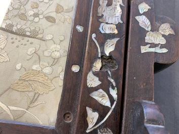 A Chinese mother-of-pearl-inlaid wooden screen with silk embroidery, 19th C.