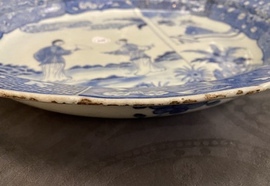 A large Chinese blue and white 'Romance of the Western chamber' dish, Qianlong