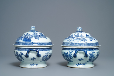 A pair of Chinese blue and white tureens with ladies in a garden, Qianlong