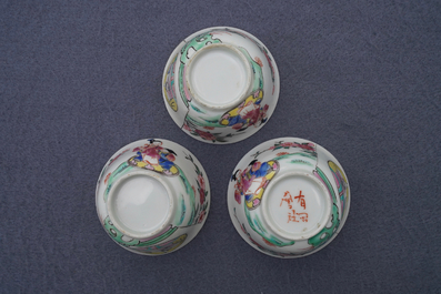 A Chinese famille rose teapot, six saucers and three cups, Yongzheng/Qianlong