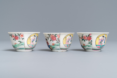 A Chinese famille rose teapot, six saucers and three cups, Yongzheng/Qianlong