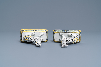 A pair of polychrome Brussels faience models of greyhounds, ca. 1800