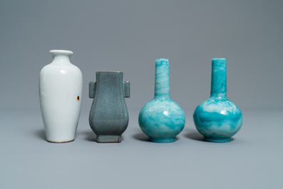 Eleven monochrome Chinese porcelain and Beijing glass vases, Kangxi and later