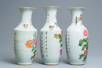 Three Chinese famille rose vases with animals and flowers, 19/20th C.