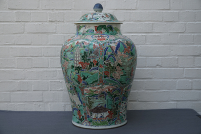 A large Chinese famille verte vase and cover with figures in fluvial landscapes, Kangxi