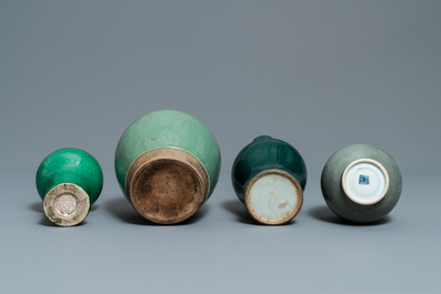 Seven Chinese monochrome green and turquoise porcelain wares, 19/20th C.