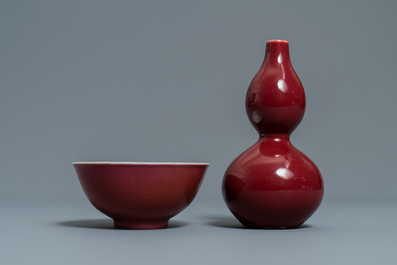 Seven Chinese monochrome pink and liver-red porcelain wares, Kangxi and later