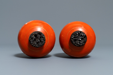 Two pairs of Chinese coral-ground jars and a flamb&eacute;-glazed bottle vase, 19/20th C.