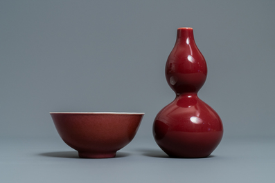 Seven Chinese monochrome pink and liver-red porcelain wares, Kangxi and later