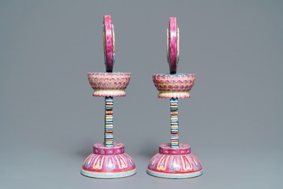 Two Chinese famille rose Buddhist altar ornaments, Qianlong mark, 19th C.