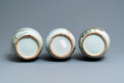 Three Chinese famille rose vases with animals and flowers, 19/20th C.