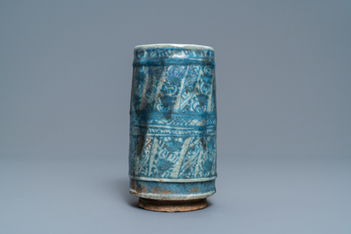 A blue and white cylindrical Islamic pottery vase, Syria or Iran, 19th C.