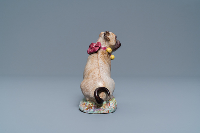 A polychrome Tournai faience model of a pug, 18th C.