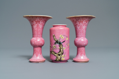 Seven Chinese monochrome pink and liver-red porcelain wares, Kangxi and later