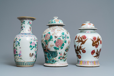 Three Chinese famille rose vases, 19th C.