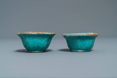 Seven Chinese monochrome green and turquoise porcelain wares, 19/20th C.