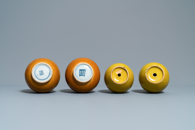 Three pairs of Chinese monochrome vases and a pair of dishes, 19/20th C.