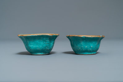 Seven Chinese monochrome green and turquoise porcelain wares, 19/20th C.