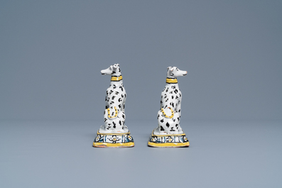 A pair of polychrome Brussels faience models of greyhounds, ca. 1800