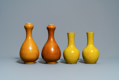 Three pairs of Chinese monochrome vases and a pair of dishes, 19/20th C.