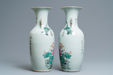 A pair of Chinese famille rose vases with birds, 19/20th C.