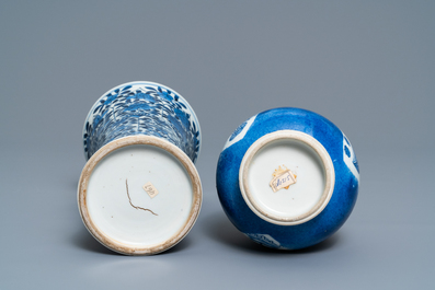 A Chinese powder blue-ground bottle vase and a blue and white vase with floral design, Kangxi