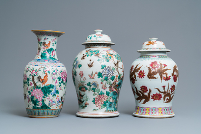 Three Chinese famille rose vases, 19th C.