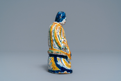 A polychrome Dutch Delft chinoiserie figure of the Chinese goddess Guanyin, 1st quarter 18th C.