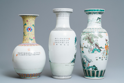 Five Chinese famille rose and verte vases, Republic