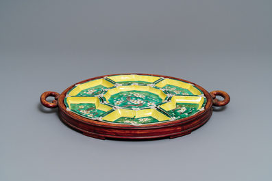 A Chinese verte biscuit sweetmeat set on wooden tray, Kangxi