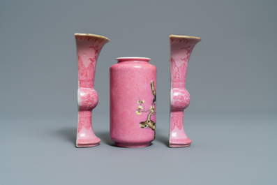 Seven Chinese monochrome pink and liver-red porcelain wares, Kangxi and later