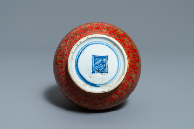 Two pairs of Chinese coral-ground jars and a flamb&eacute;-glazed bottle vase, 19/20th C.